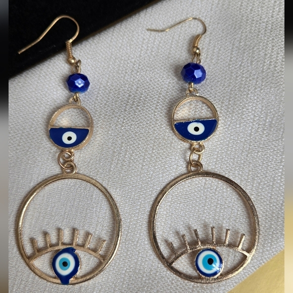 Elegant Gold Tone Blue Evil Eye Earrings - Picture 11 of 15